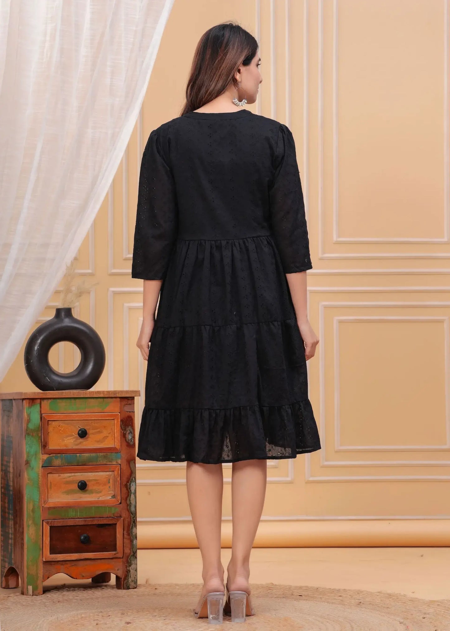 Solid Black Tiered Cotton Dress with Button Detailing for Women | Elegant Knee-Length Outfit – Lamenda