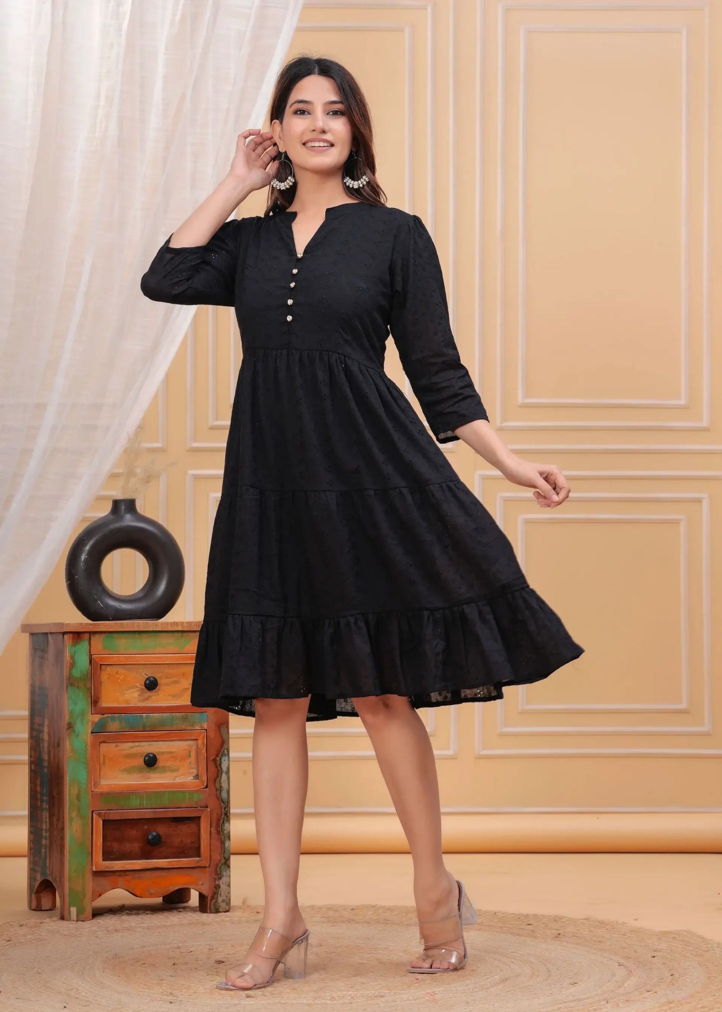 Solid Black Tiered Cotton Dress with Button Detailing for Women | Elegant Knee-Length Outfit – Lamenda