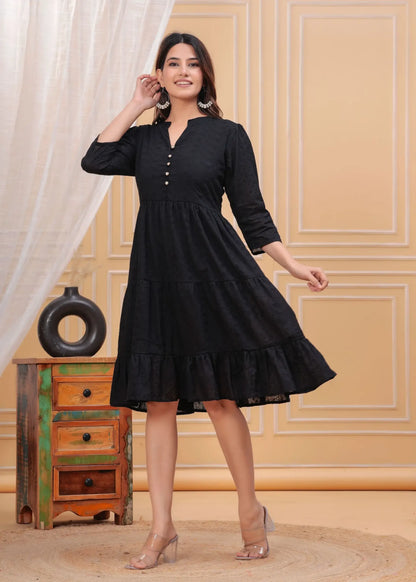 Solid Black Tiered Cotton Dress with Button Detailing for Women | Elegant Knee-Length Outfit – Lamenda