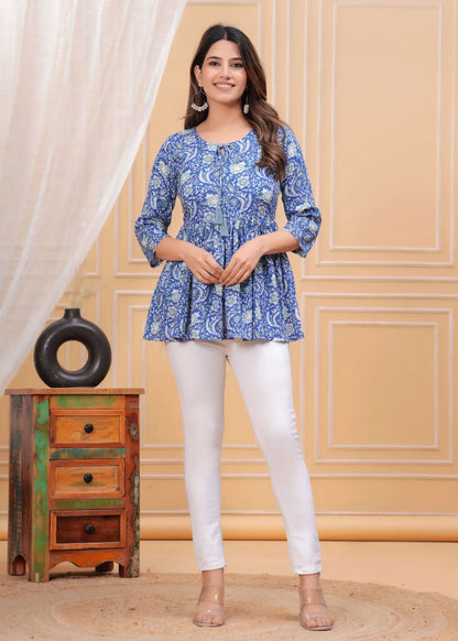 Blue Floral Printed Cotton Peplum Top with 3/4 Sleeves & Round Neck | Tassel Detail Casual Wear – Lamenda