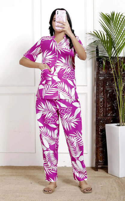 Magenta Leaf Print Cotton Nightsuit with Half Sleeves & Notched Collar | Soft & Stylish Sleepwear Set – Lamenda