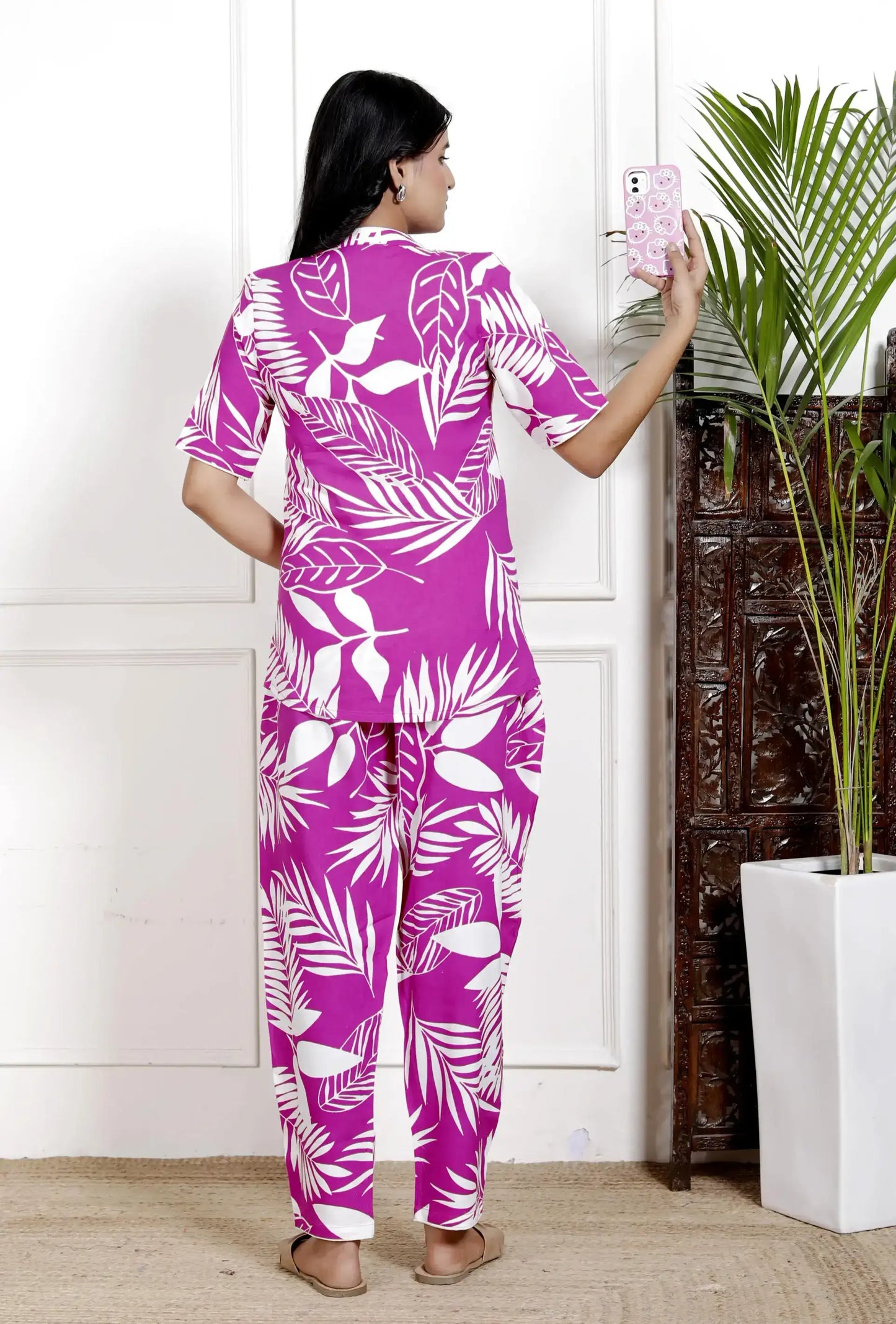 Magenta Leaf Print Cotton Nightsuit with Half Sleeves & Notched Collar | Soft & Stylish Sleepwear Set – Lamenda