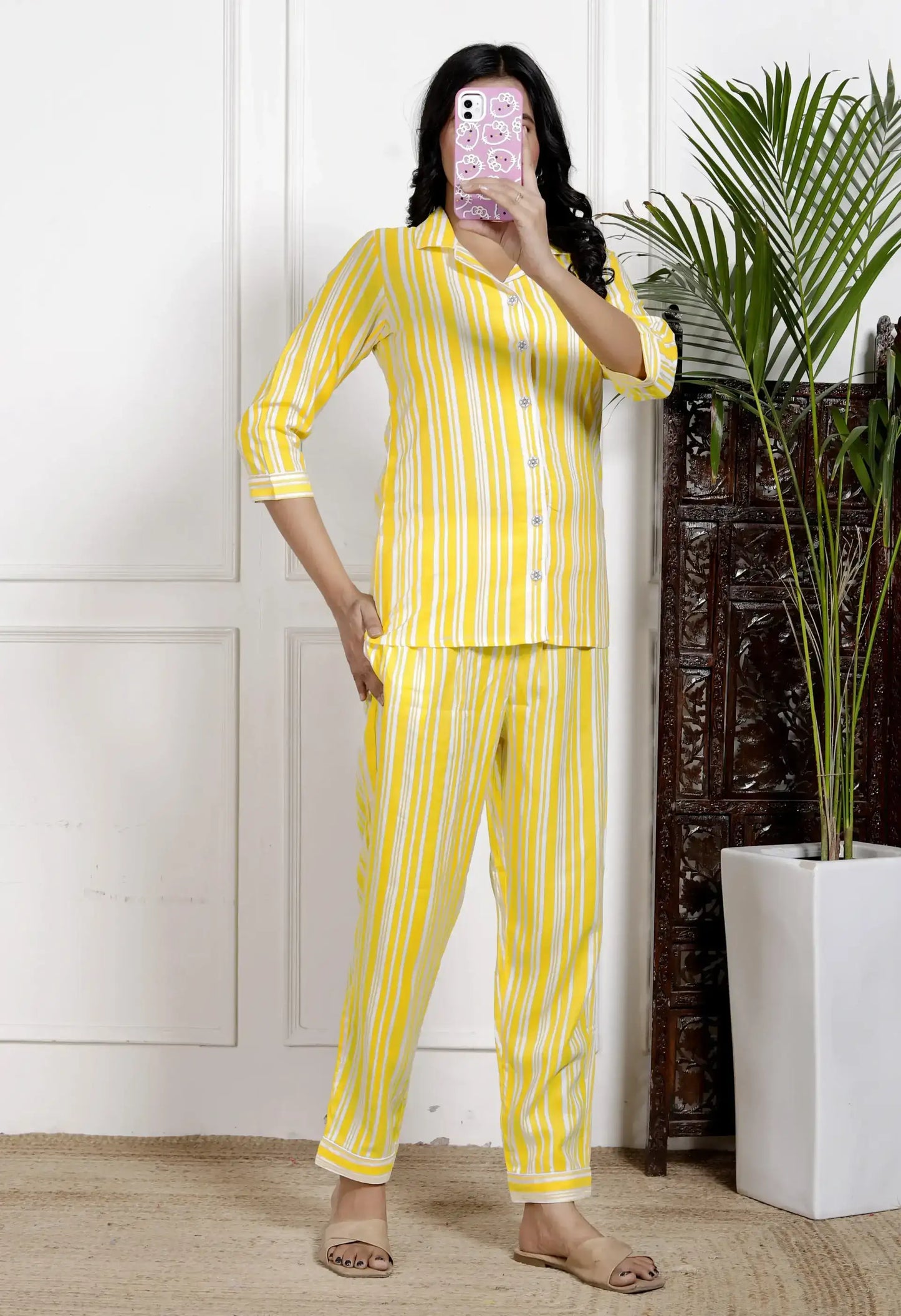 Yellow Striped Cotton Nightsuit with 3/4 Sleeves & Notched Collar | Bright & Breezy Sleepwear Set – Lamenda