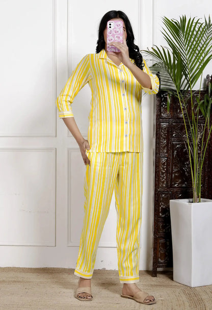 Yellow Striped Cotton Nightsuit with 3/4 Sleeves & Notched Collar | Bright & Breezy Sleepwear Set – Lamenda