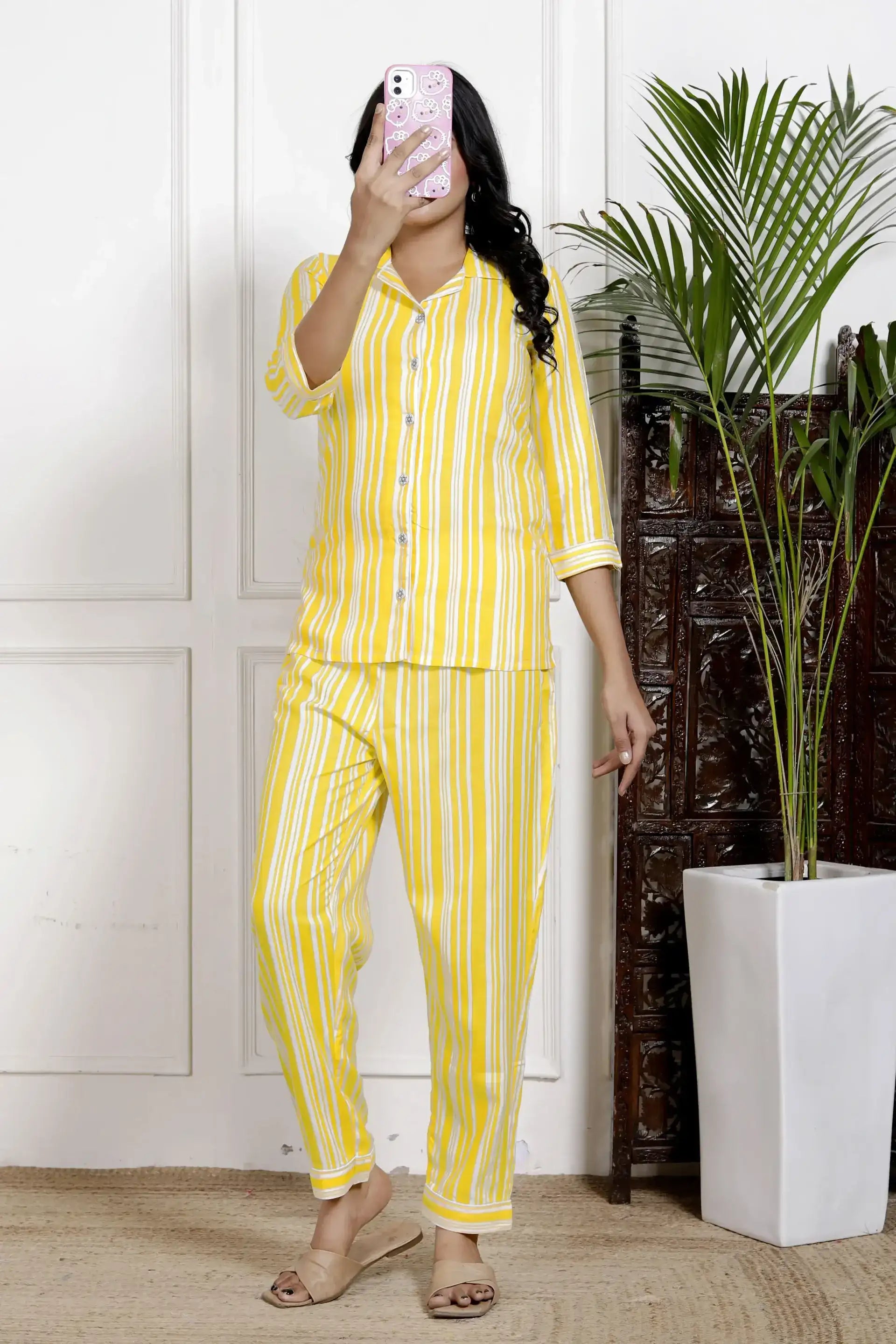 Yellow Striped Cotton Nightsuit with 3/4 Sleeves & Notched Collar | Bright & Breezy Sleepwear Set – Lamenda