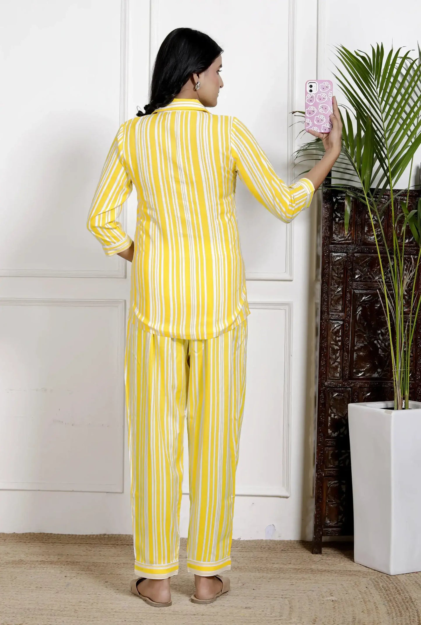 Yellow Striped Cotton Nightsuit with 3/4 Sleeves & Notched Collar | Bright & Breezy Sleepwear Set – Lamenda