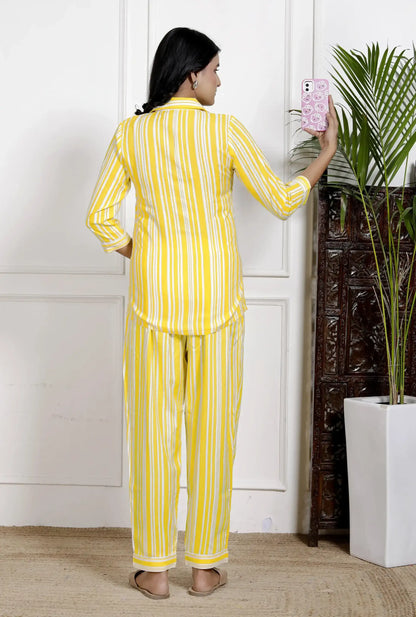 Yellow Striped Cotton Nightsuit with 3/4 Sleeves & Notched Collar | Bright & Breezy Sleepwear Set – Lamenda