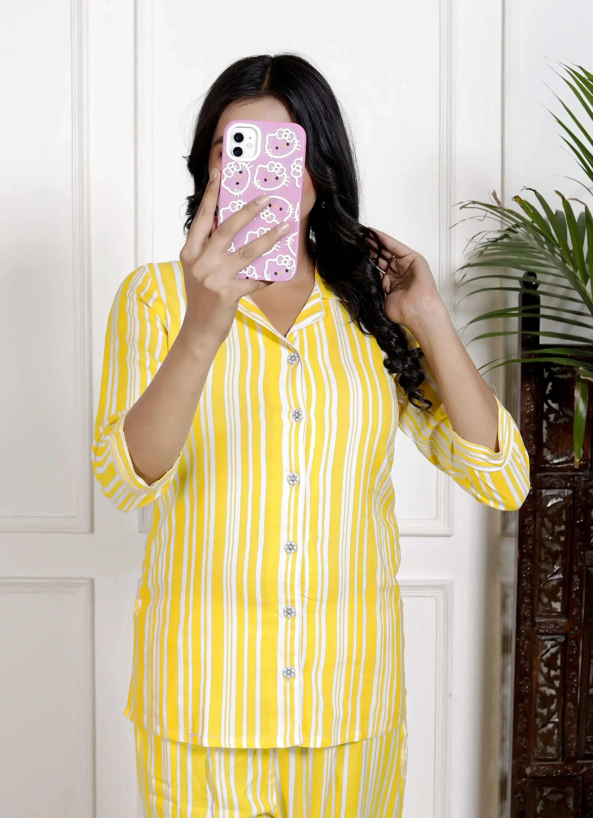 Yellow Striped Cotton Nightsuit with 3/4 Sleeves & Notched Collar | Bright & Breezy Sleepwear Set – Lamenda