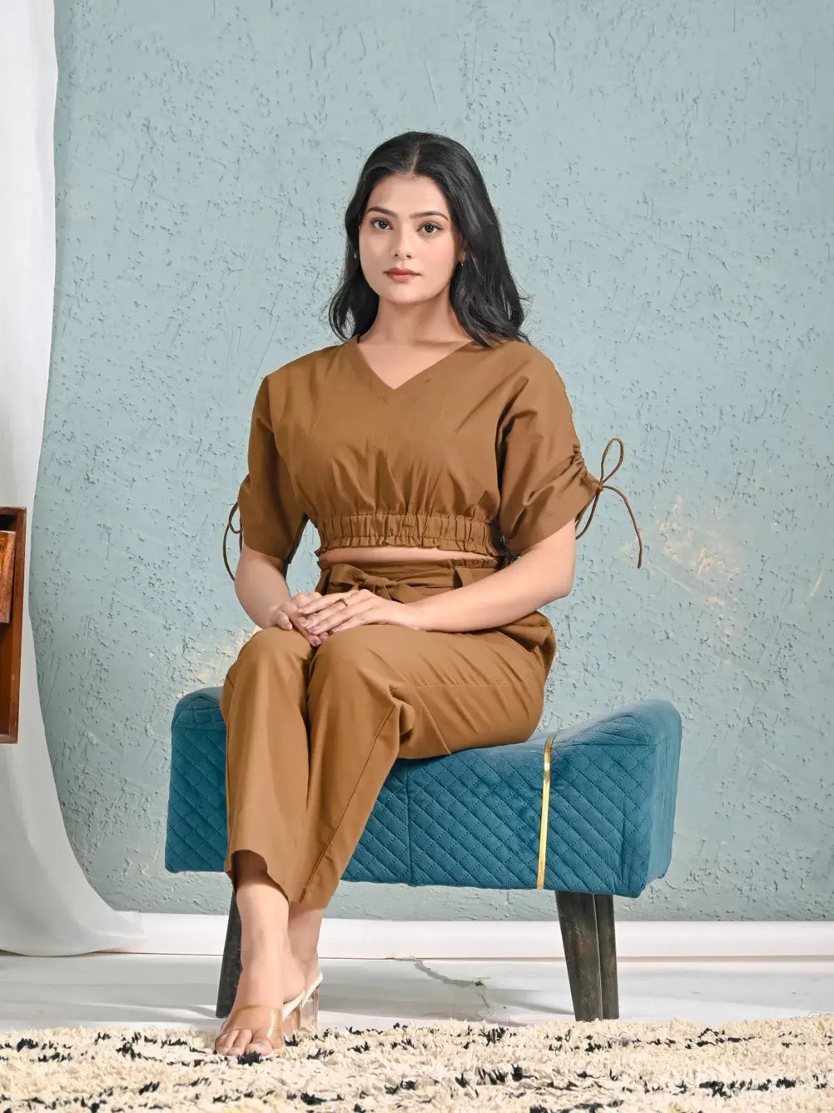 Rust Brown Co-ord Set for Women | V-Neck Top & Pant Set in Cotton – Lamenda