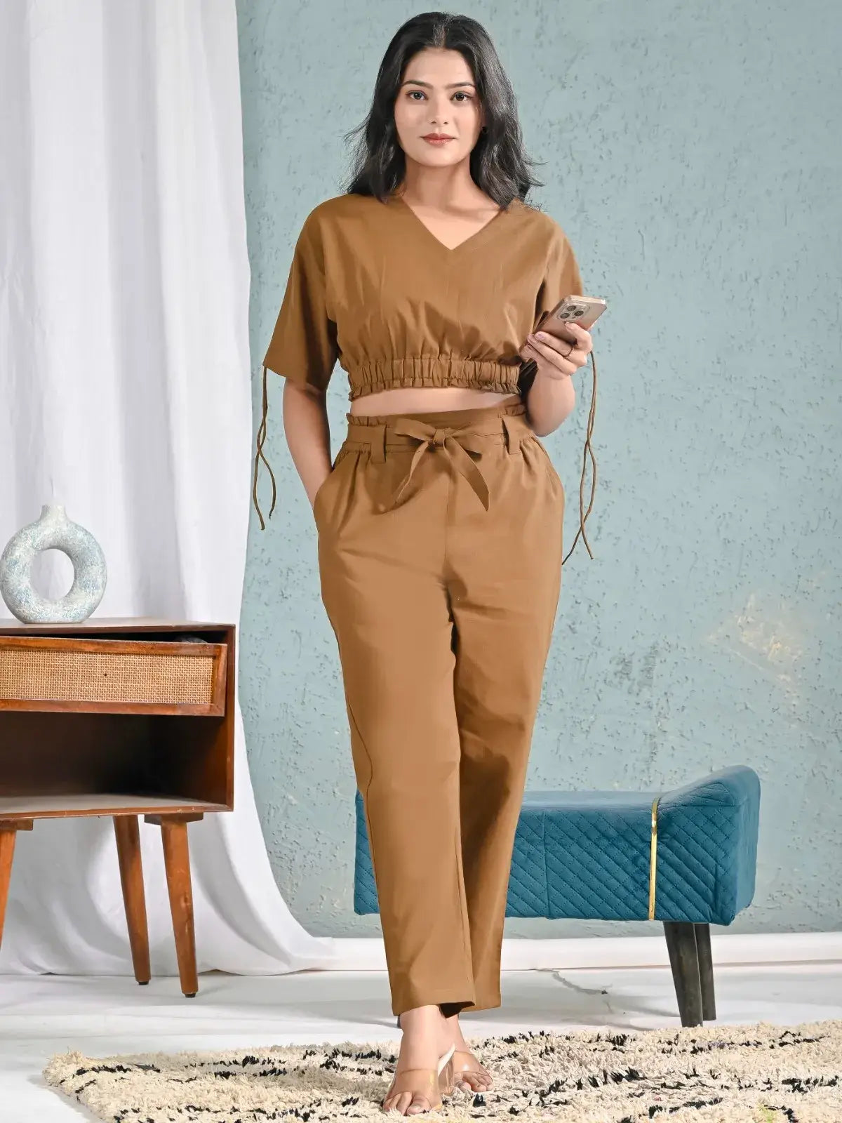 Rust Brown Co-ord Set for Women | V-Neck Top & Pant Set in Cotton – Lamenda