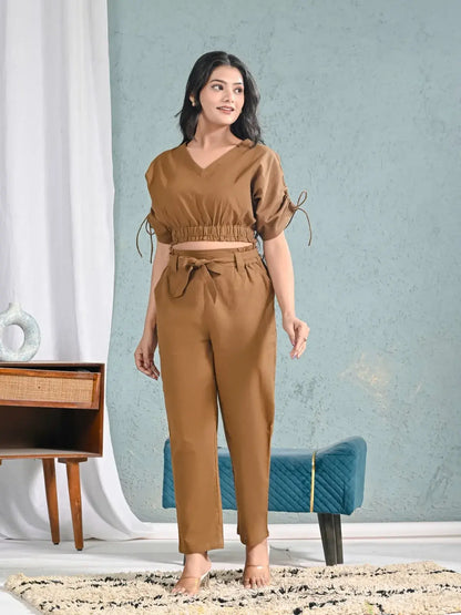 Rust Brown Co-ord Set for Women | V-Neck Top & Pant Set in Cotton – Lamenda