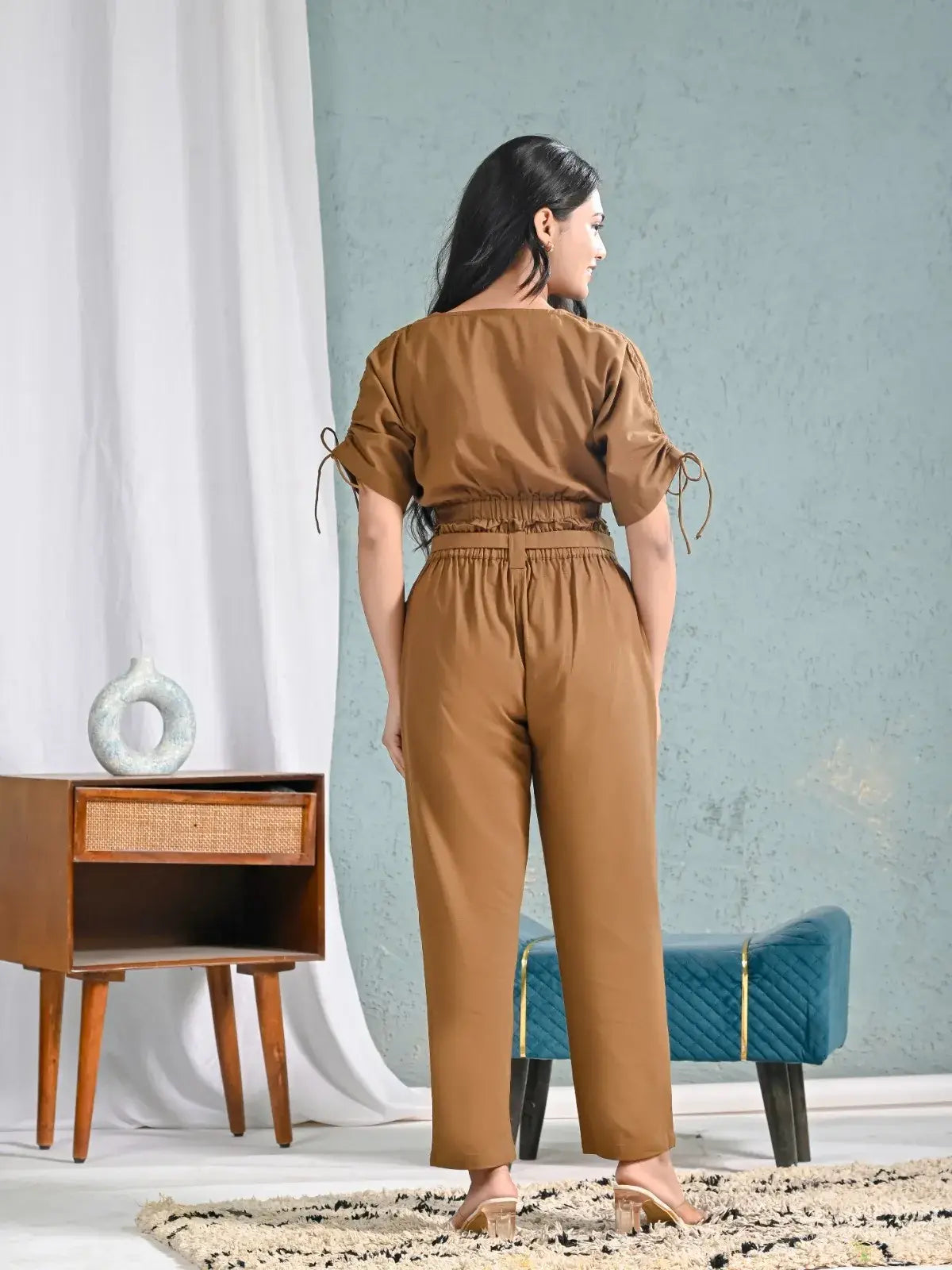 Rust Brown Co-ord Set for Women | V-Neck Top & Pant Set in Cotton – Lamenda