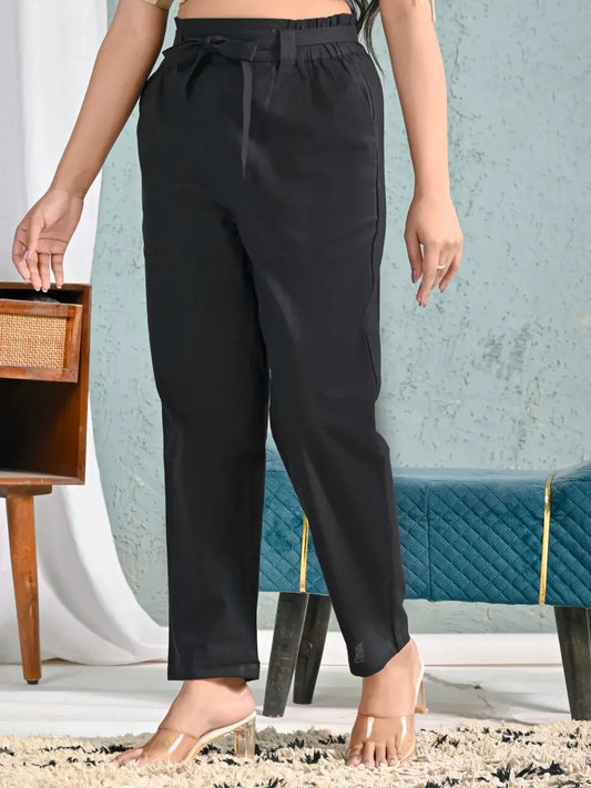 Black High-Waist Cotton Pants for Women with Belt | Stylish Straight Fit Trousers – Lamenda