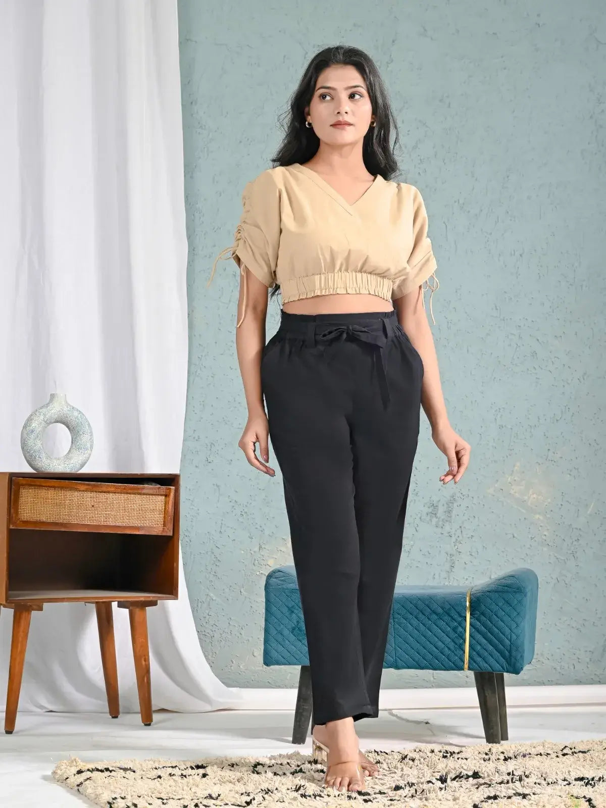 Black High-Waist Cotton Pants for Women with Belt | Stylish Straight Fit Trousers – Lamenda