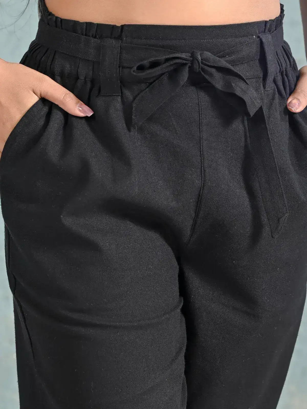 Black High-Waist Cotton Pants for Women with Belt | Stylish Straight Fit Trousers – Lamenda
