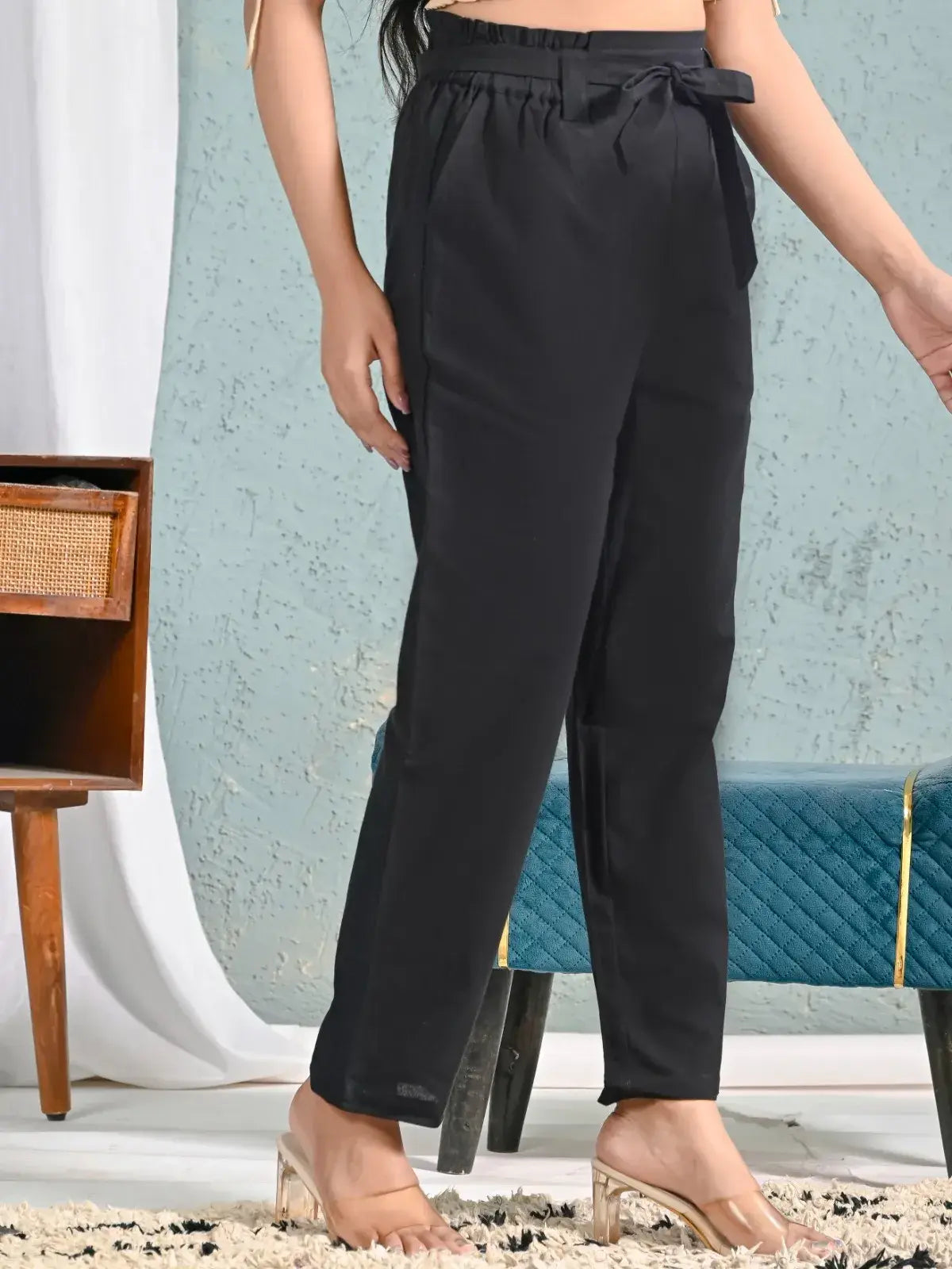 Black High-Waist Cotton Pants for Women with Belt | Stylish Straight Fit Trousers – Lamenda