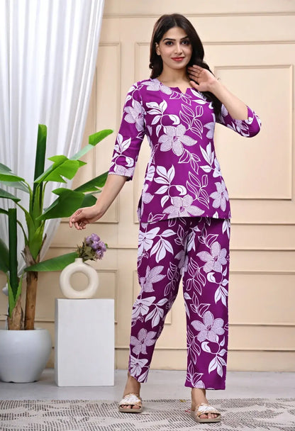 Purple Floral Print Cotton Co-ord Set for Women – Lamenda