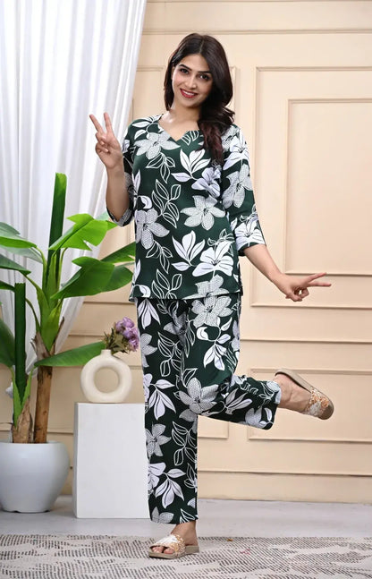 Dark Green Floral Print Cotton Co-ord Set for Women – Lamenda