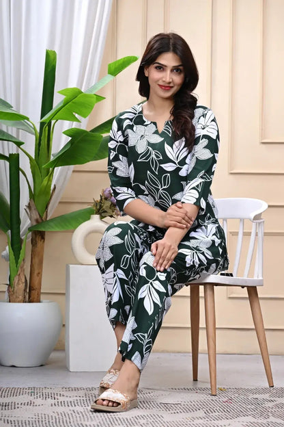 Dark Green Floral Print Cotton Co-ord Set for Women – Lamenda
