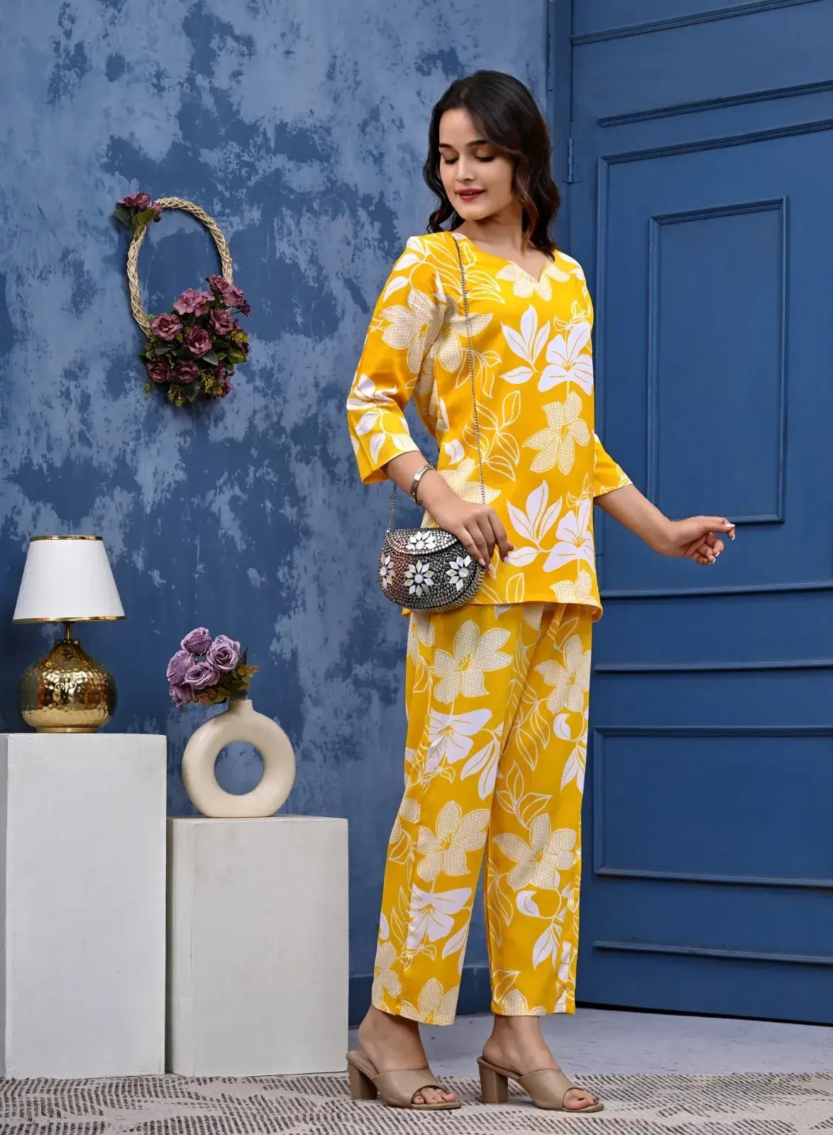 Bright Yellow Floral Cotton Co-ord Set for Women – Lamenda