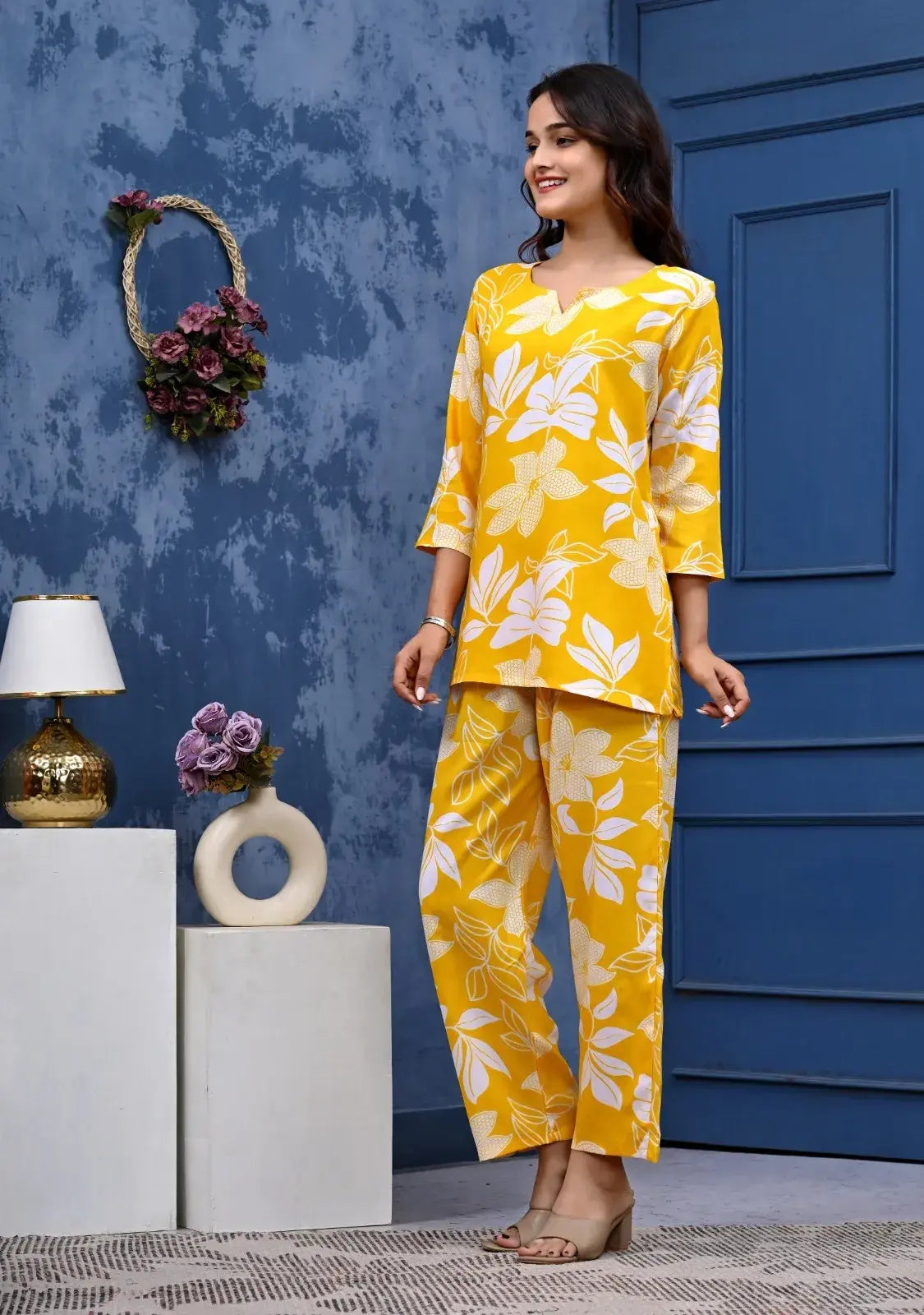 Bright Yellow Floral Cotton Co-ord Set for Women – Lamenda