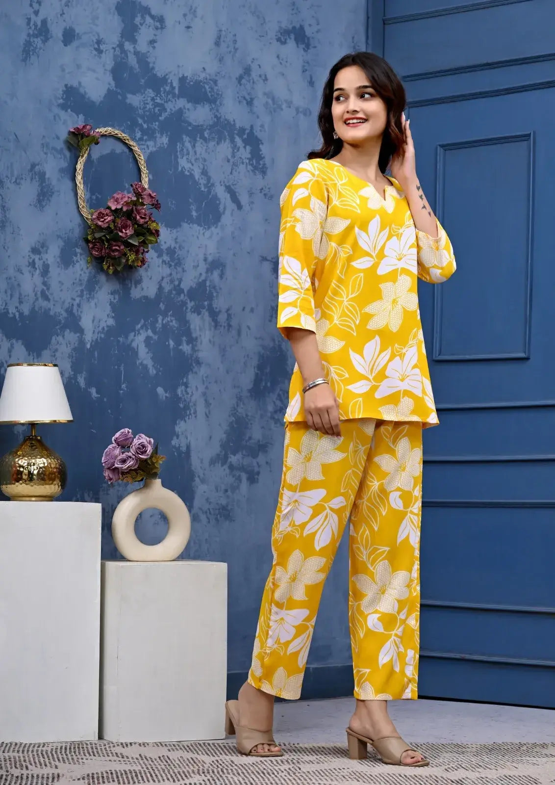 Bright Yellow Floral Cotton Co-ord Set for Women – Lamenda