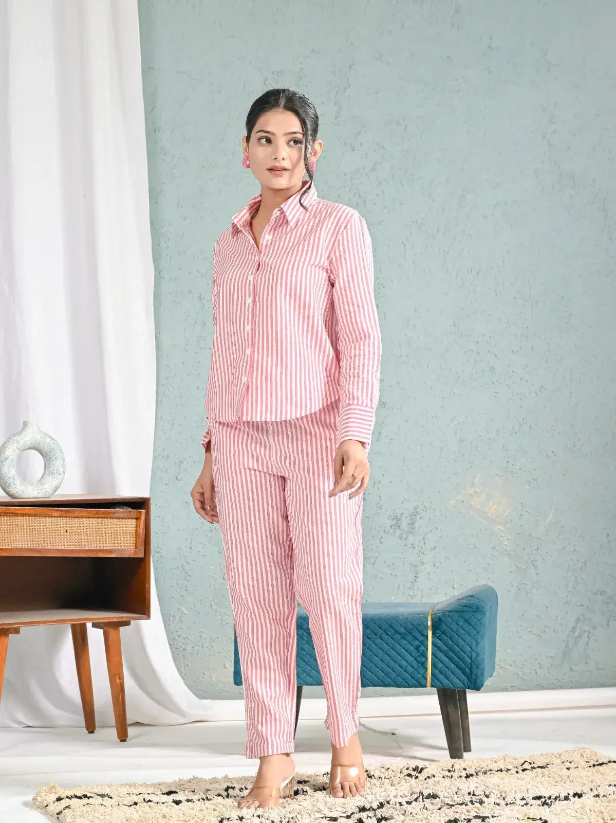 Pink & White Striped Cotton Shirt and Pants Co-ord Set for Women | Comfortable Dailywear – Lamenda