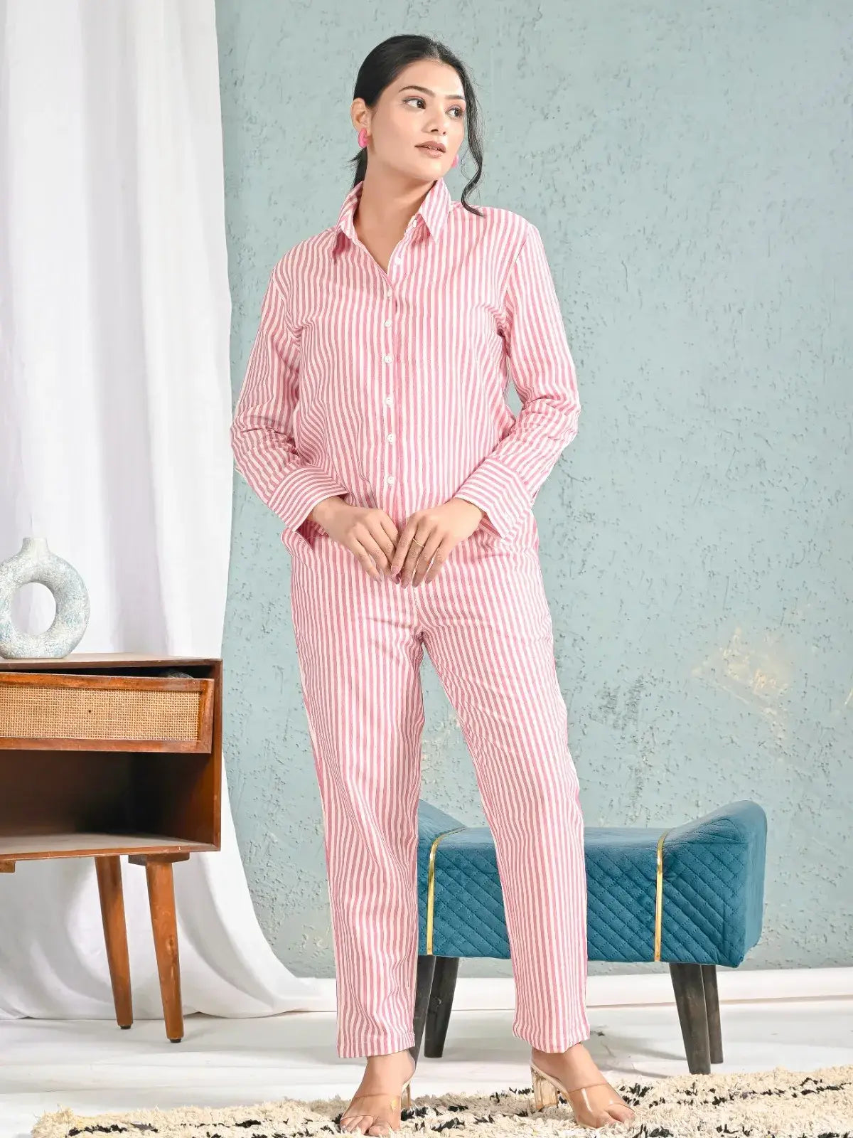 Pink & White Striped Cotton Shirt and Pants Co-ord Set for Women | Comfortable Dailywear – Lamenda