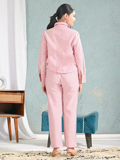 Pink & White Striped Cotton Shirt and Pants Co-ord Set for Women | Comfortable Dailywear – Lamenda