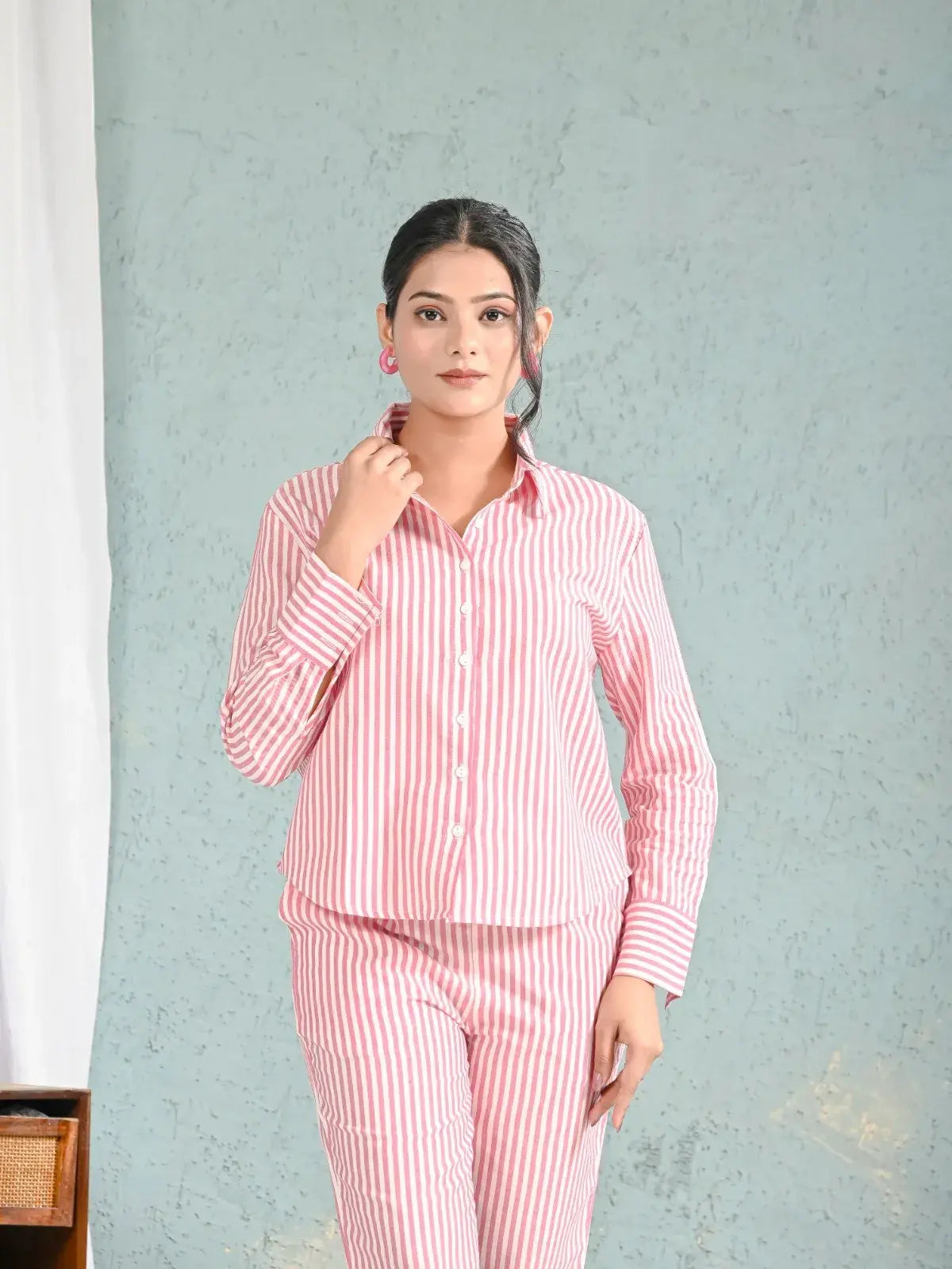 Pink & White Striped Cotton Shirt and Pants Co-ord Set for Women | Comfortable Dailywear – Lamenda