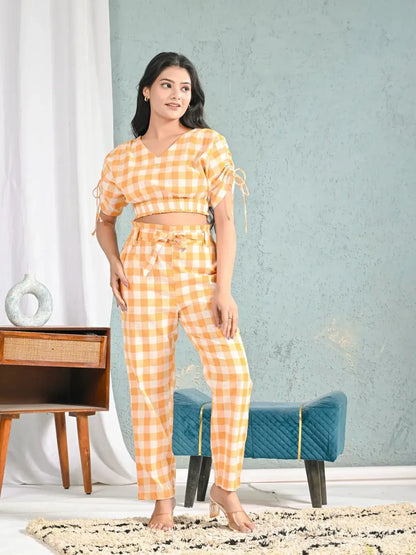 Yellow & White Gingham Check Crop Top and Pants Co-ord Set for Women | Summer Chic Outfits – Lamenda