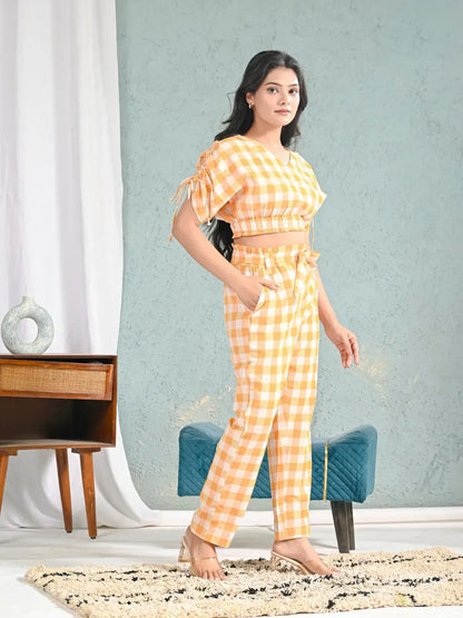 Yellow & White Gingham Check Crop Top and Pants Co-ord Set for Women | Summer Chic Outfits – Lamenda