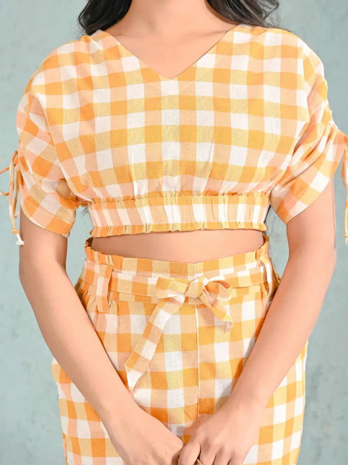 Yellow & White Gingham Check Crop Top and Pants Co-ord Set for Women | Summer Chic Outfits – Lamenda