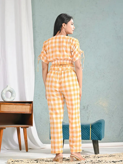 Yellow & White Gingham Check Crop Top and Pants Co-ord Set for Women | Summer Chic Outfits – Lamenda