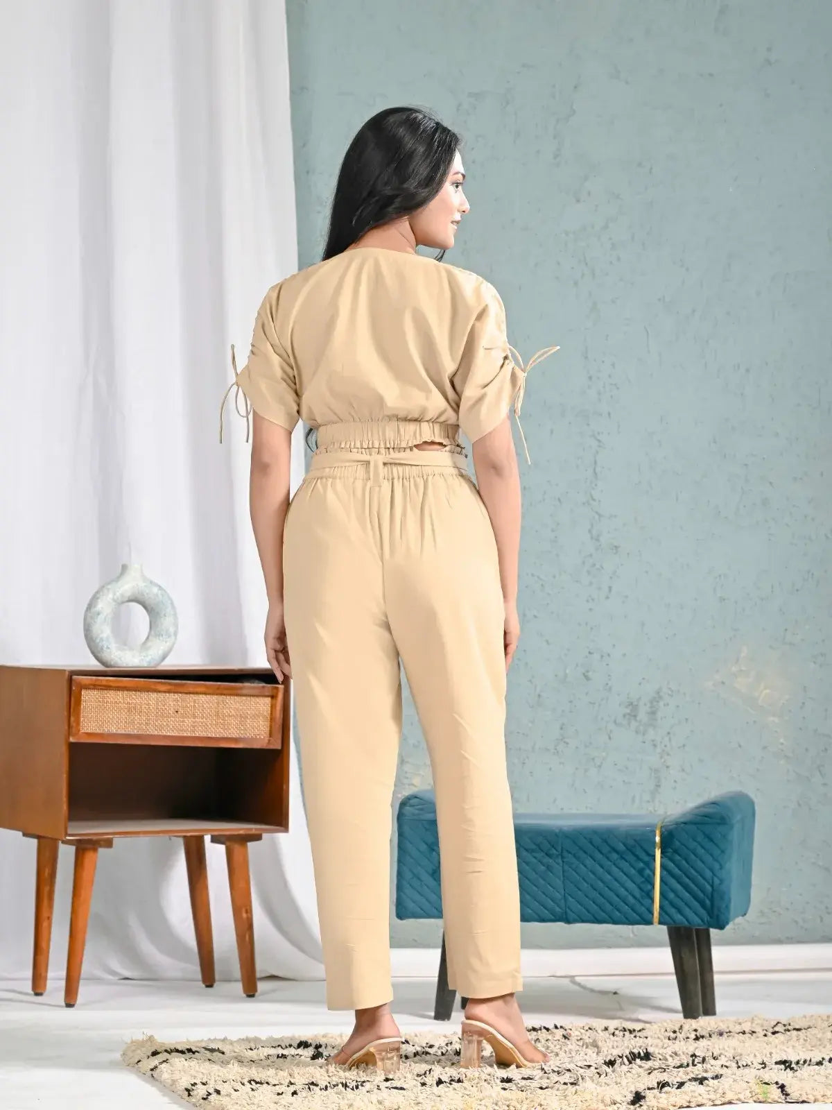 Beige Solid Crop Top and Pants Co-ord Set for Women | Minimal Chic Summer Outfits – Lamenda