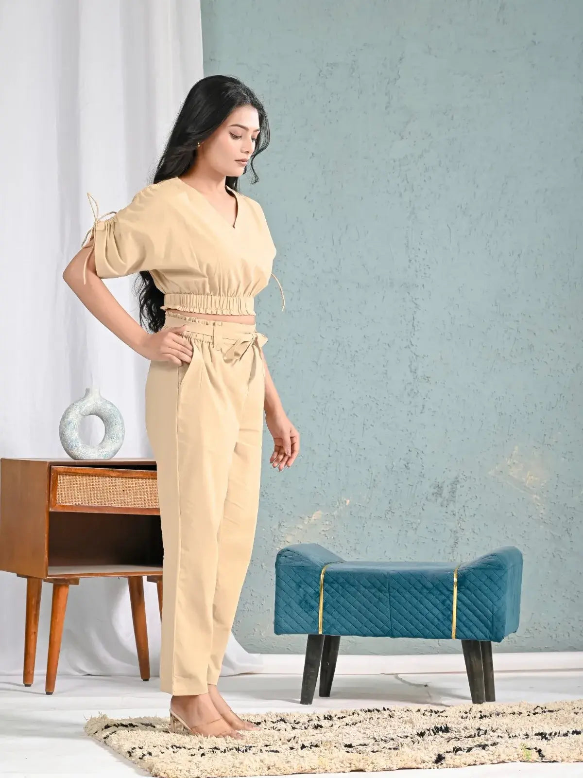 Beige Solid Crop Top and Pants Co-ord Set for Women | Minimal Chic Summer Outfits – Lamenda