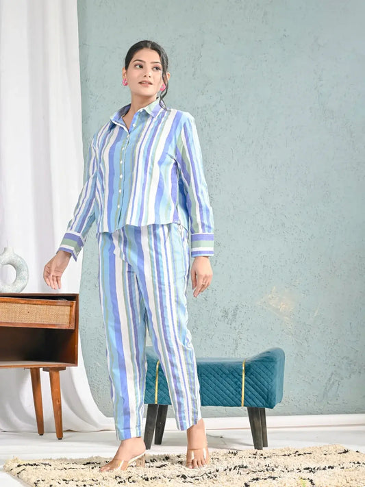 Blue & Green Striped Shirt and Pants Co-ord Set for Women | Breezy Casual Summer Outfits – Lamenda