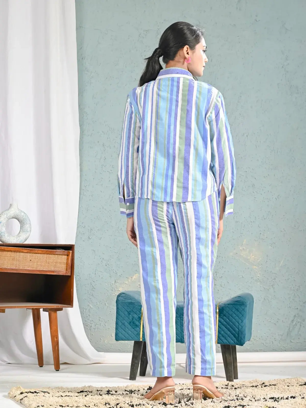 Blue & Green Striped Shirt and Pants Co-ord Set for Women | Breezy Casual Summer Outfits – Lamenda