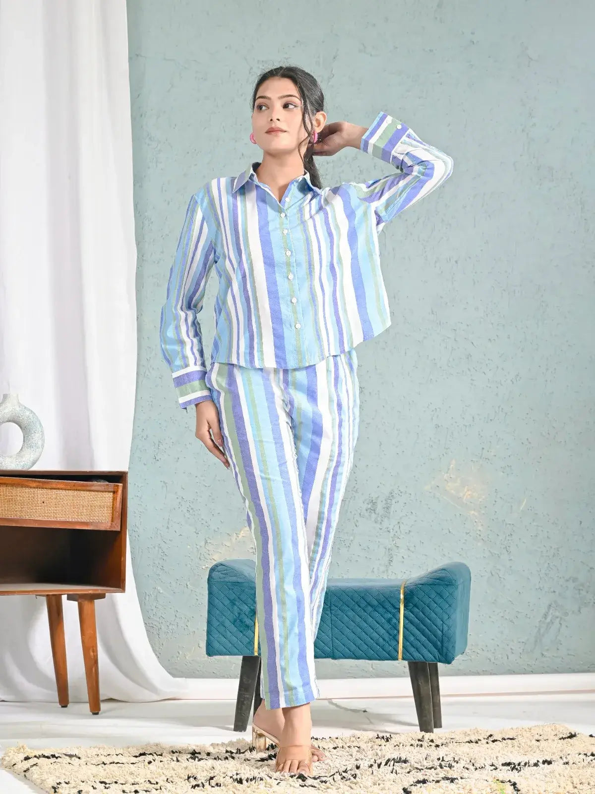 Blue & Green Striped Shirt and Pants Co-ord Set for Women | Breezy Casual Summer Outfits – Lamenda
