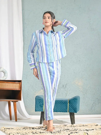 Blue & Green Striped Shirt and Pants Co-ord Set for Women | Breezy Casual Summer Outfits – Lamenda