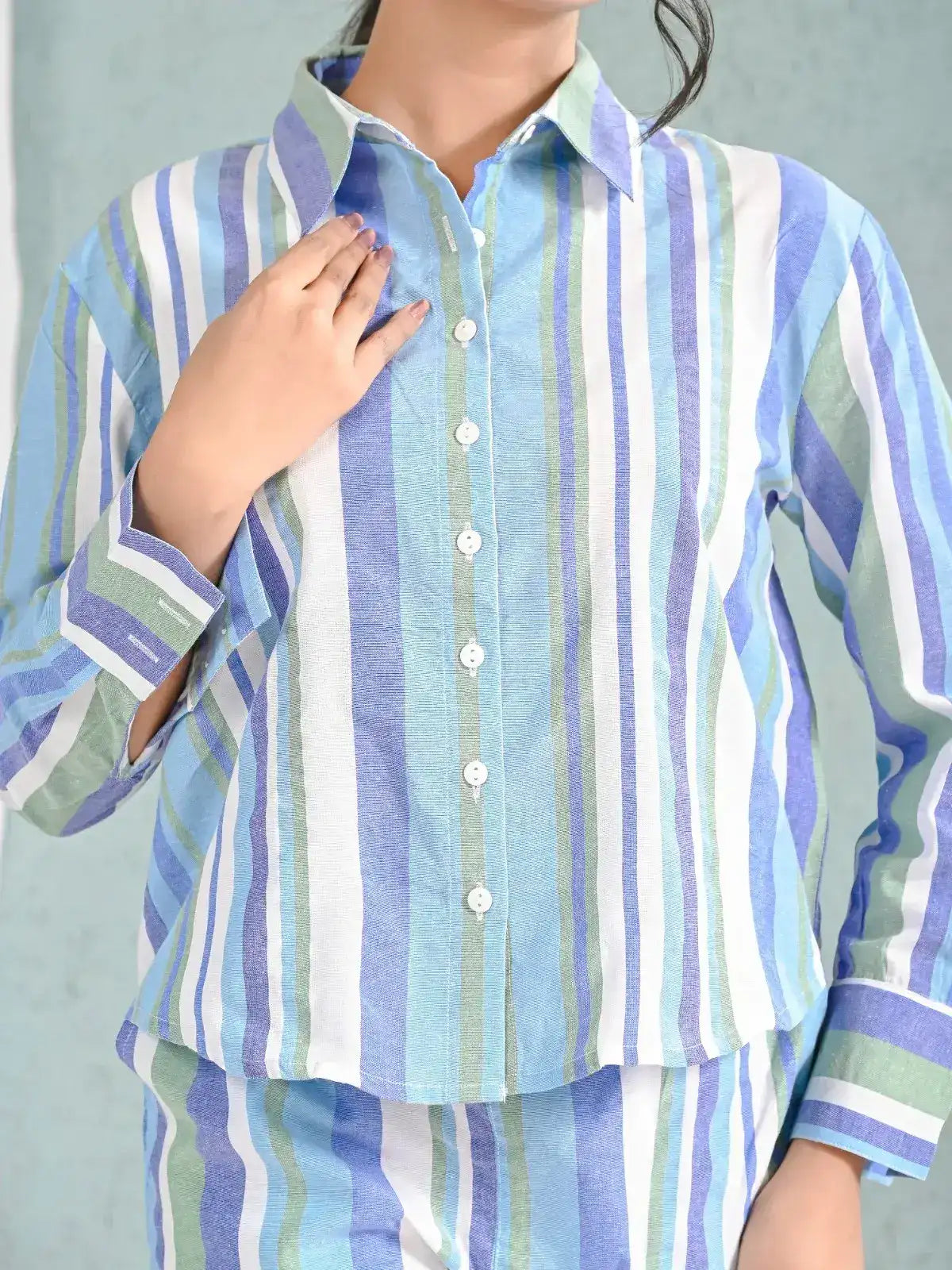 Blue & Green Striped Shirt and Pants Co-ord Set for Women | Breezy Casual Summer Outfits – Lamenda