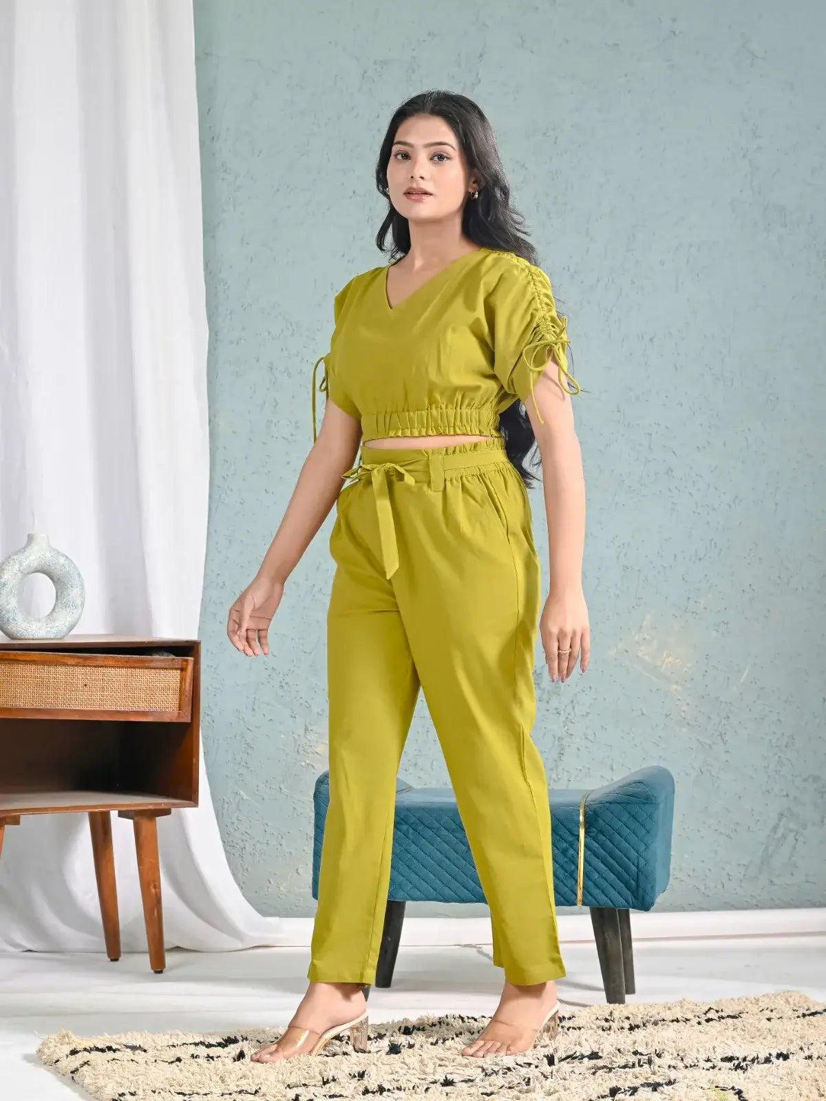 Olive Green Solid Crop Top and Pants Co-ord Set for Women | Trendy Summer Co-ord Looks – Lamenda