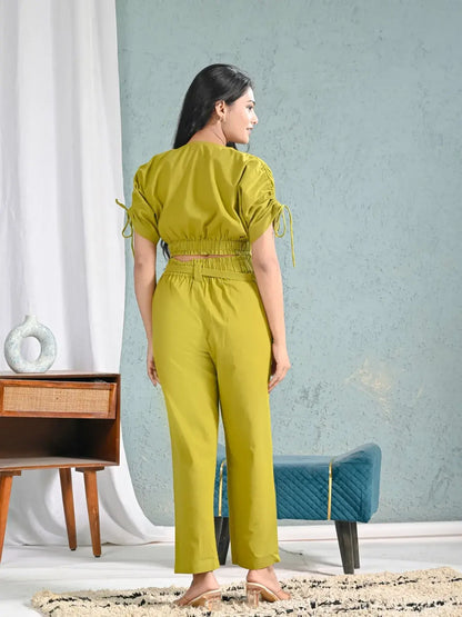 Olive Green Solid Crop Top and Pants Co-ord Set for Women | Trendy Summer Co-ord Looks – Lamenda