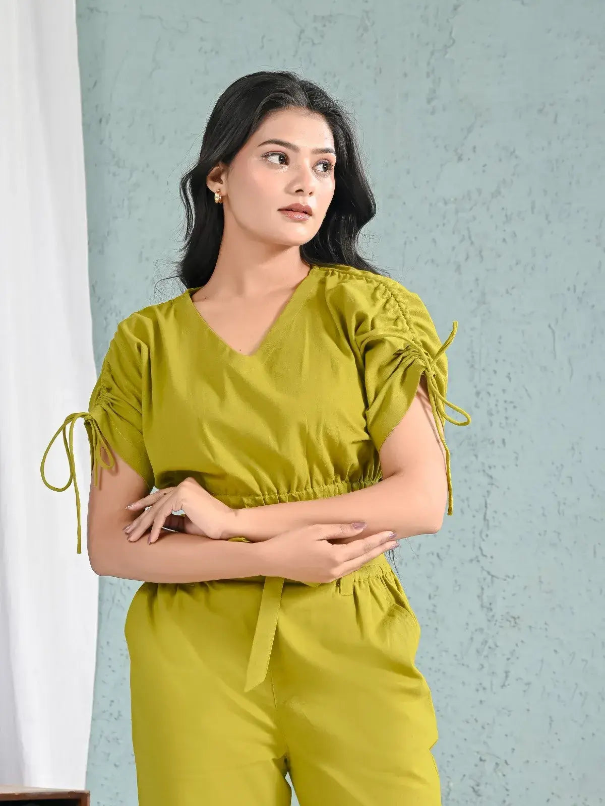 Olive Green Solid Crop Top and Pants Co-ord Set for Women | Trendy Summer Co-ord Looks – Lamenda