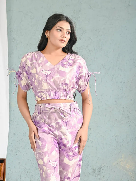 Lavender Floral Print Crop Top and Pants Co-ord Set for Women | Breezy Summer Style – Lamenda