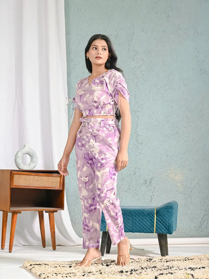 Lavender Floral Print Crop Top and Pants Co-ord Set for Women | Breezy Summer Style – Lamenda