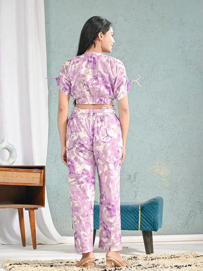 Lavender Floral Print Crop Top and Pants Co-ord Set for Women | Breezy Summer Style – Lamenda