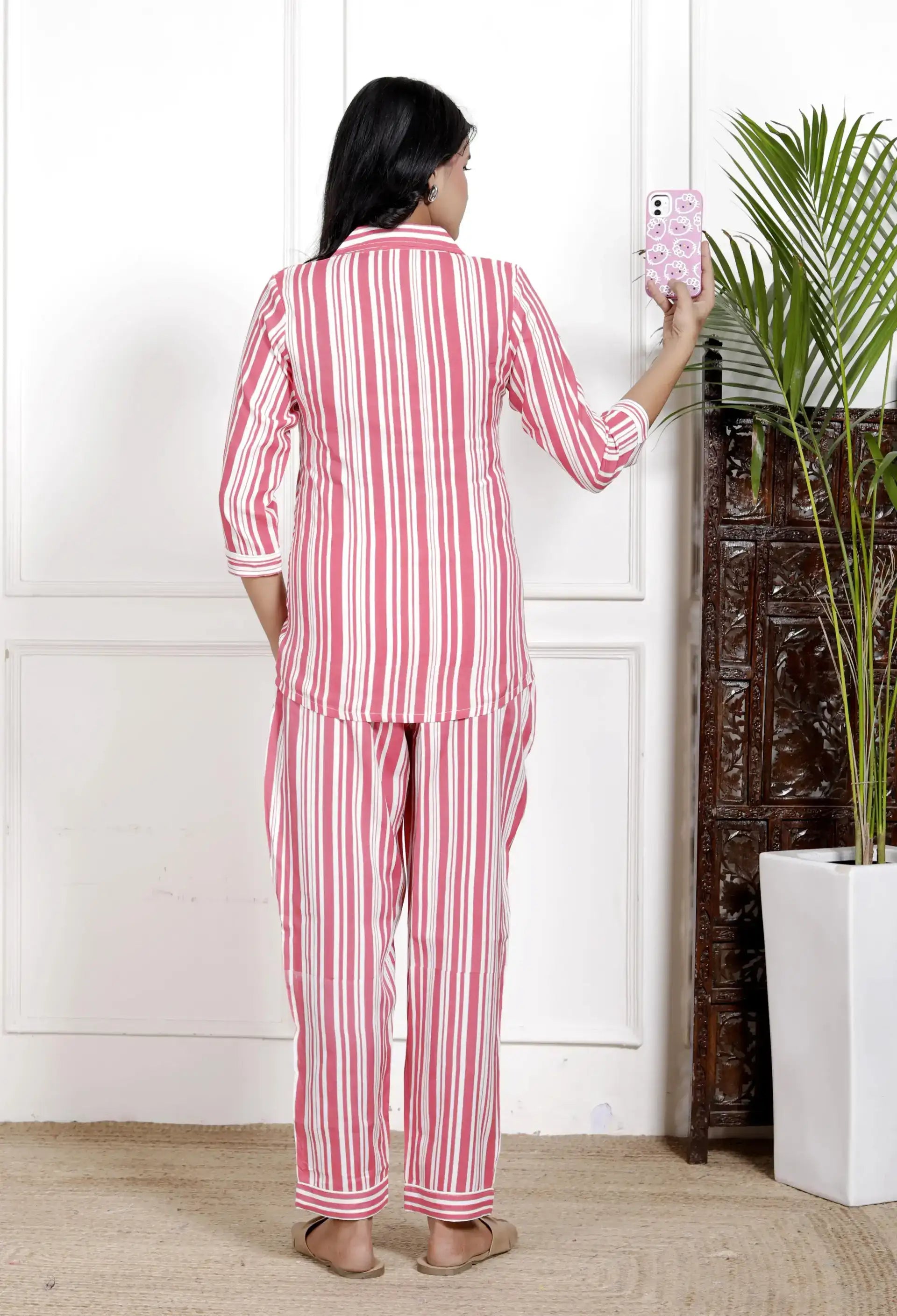 Pink & White Striped Cotton Nightsuit with 3/4 Sleeves & Collar | Soft & Stylish Sleepwear Set – Lamenda