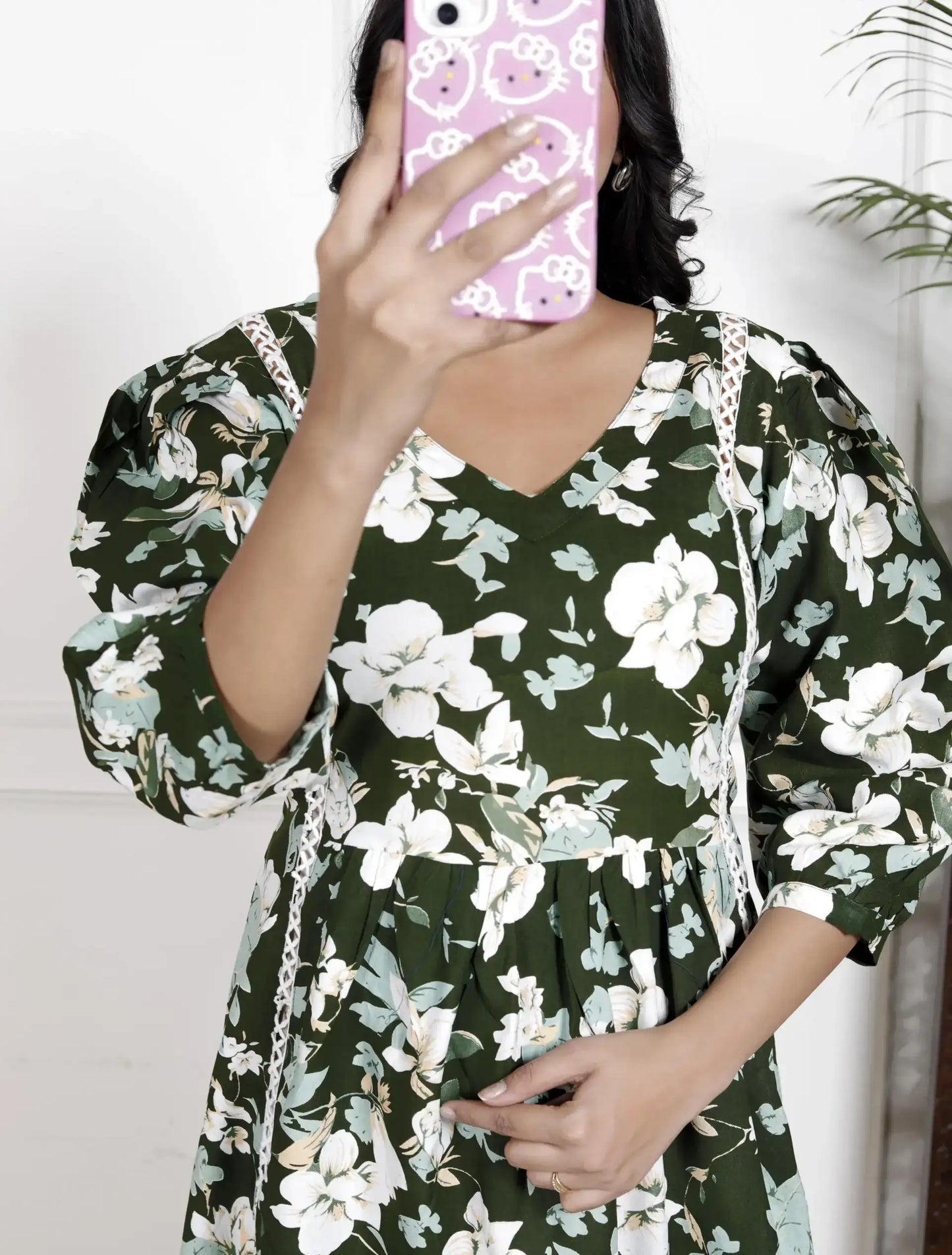 Green Floral Puff Sleeve Tunic Top for Women | Breezy Everyday Chic – Lamenda