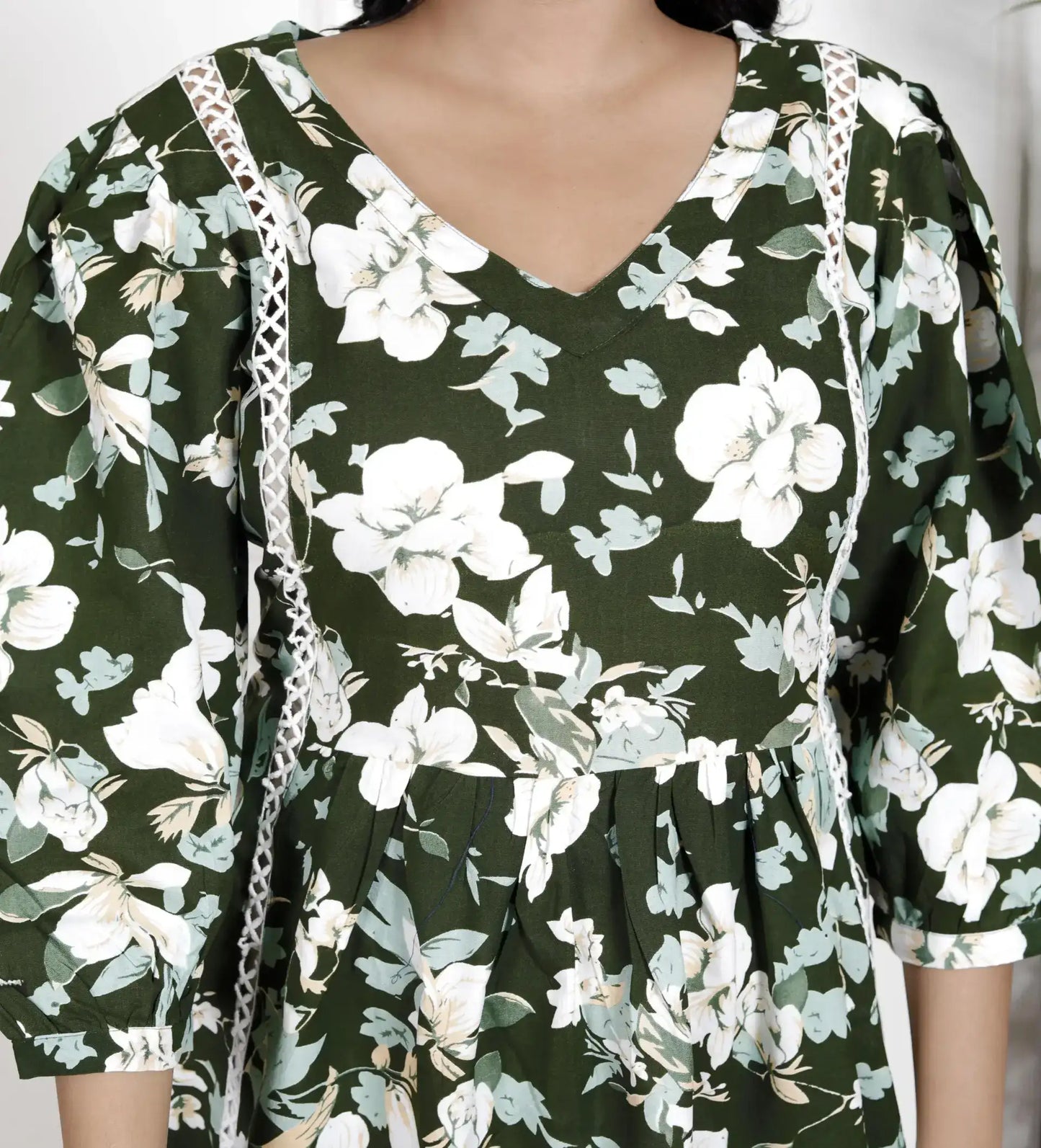 Green Floral Puff Sleeve Tunic Top for Women | Breezy Everyday Chic – Lamenda
